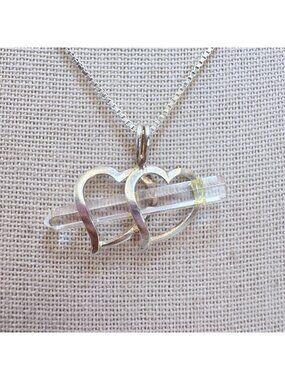 Double Heart Crystal Point Pendant Necklace Sterling Silver 925 Size 24" Length